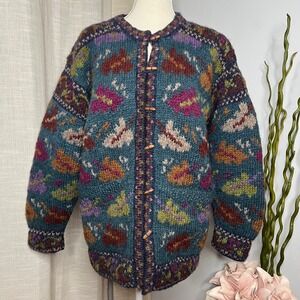 Newari 100% Wool Handknit Cardigan Sweater Jacket Lined Floral Nepal Size Small